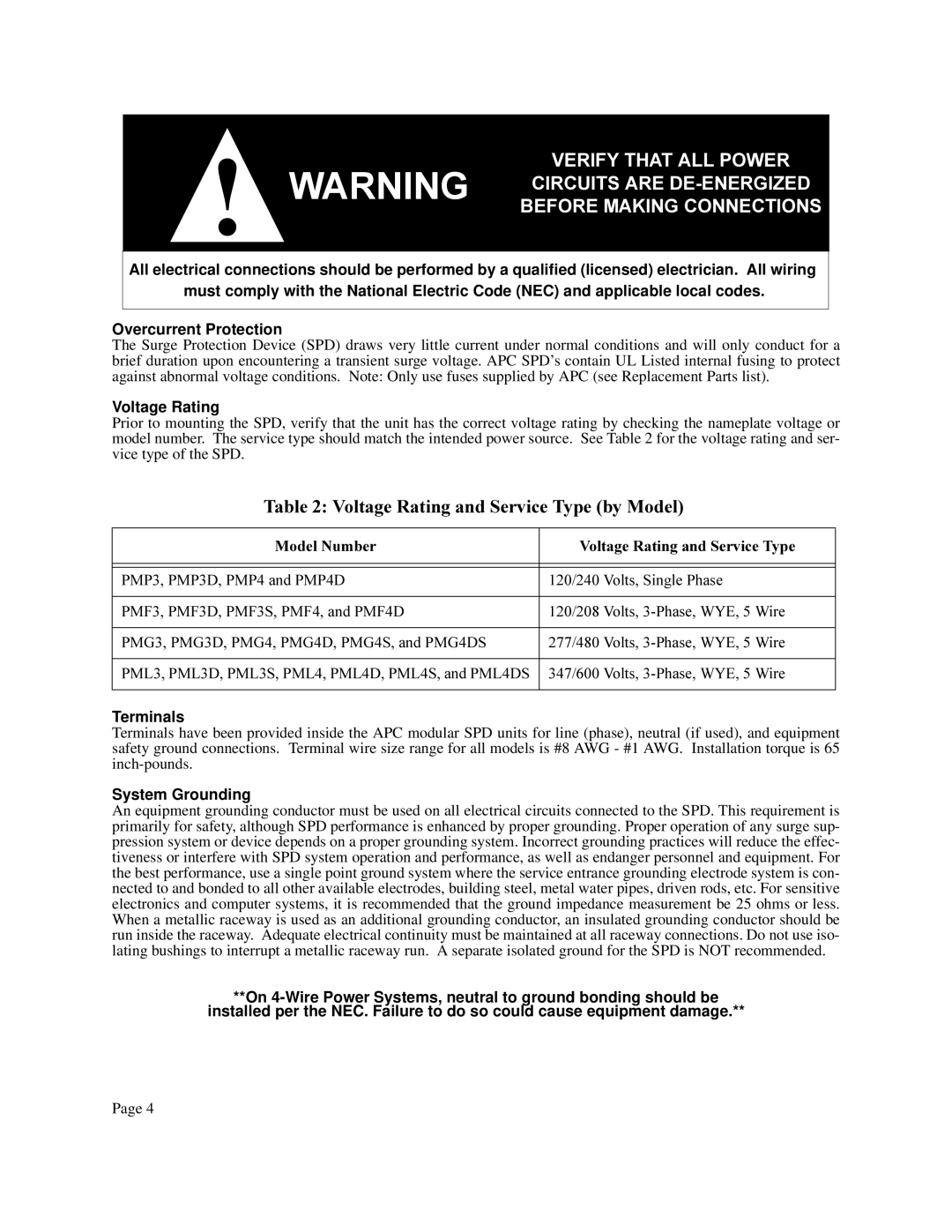 APC PM4 user manual 7DEOH9ROWDJH5DWLQJDQG6HUYLFH7\SHE\0RGHO, Voltage Rating, 0RGHO1XPEHU, Terminals, System Grounding 