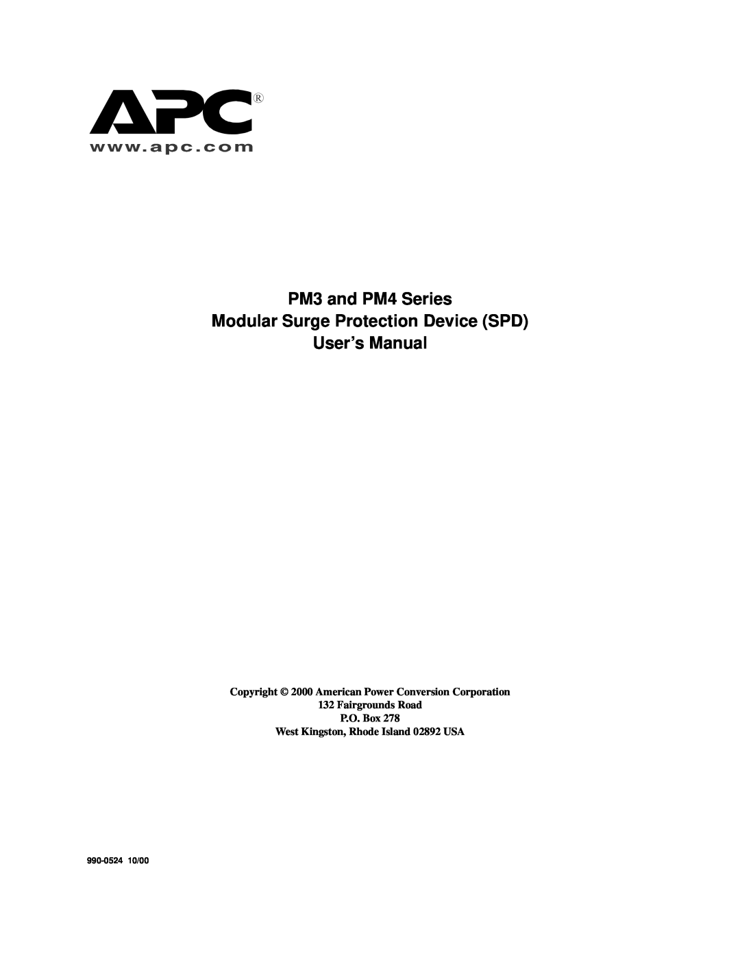 APC user manual PM3 and PM4 Series Modular Surge Protection Device SPD User’s Manual, 990-0524 10/00 