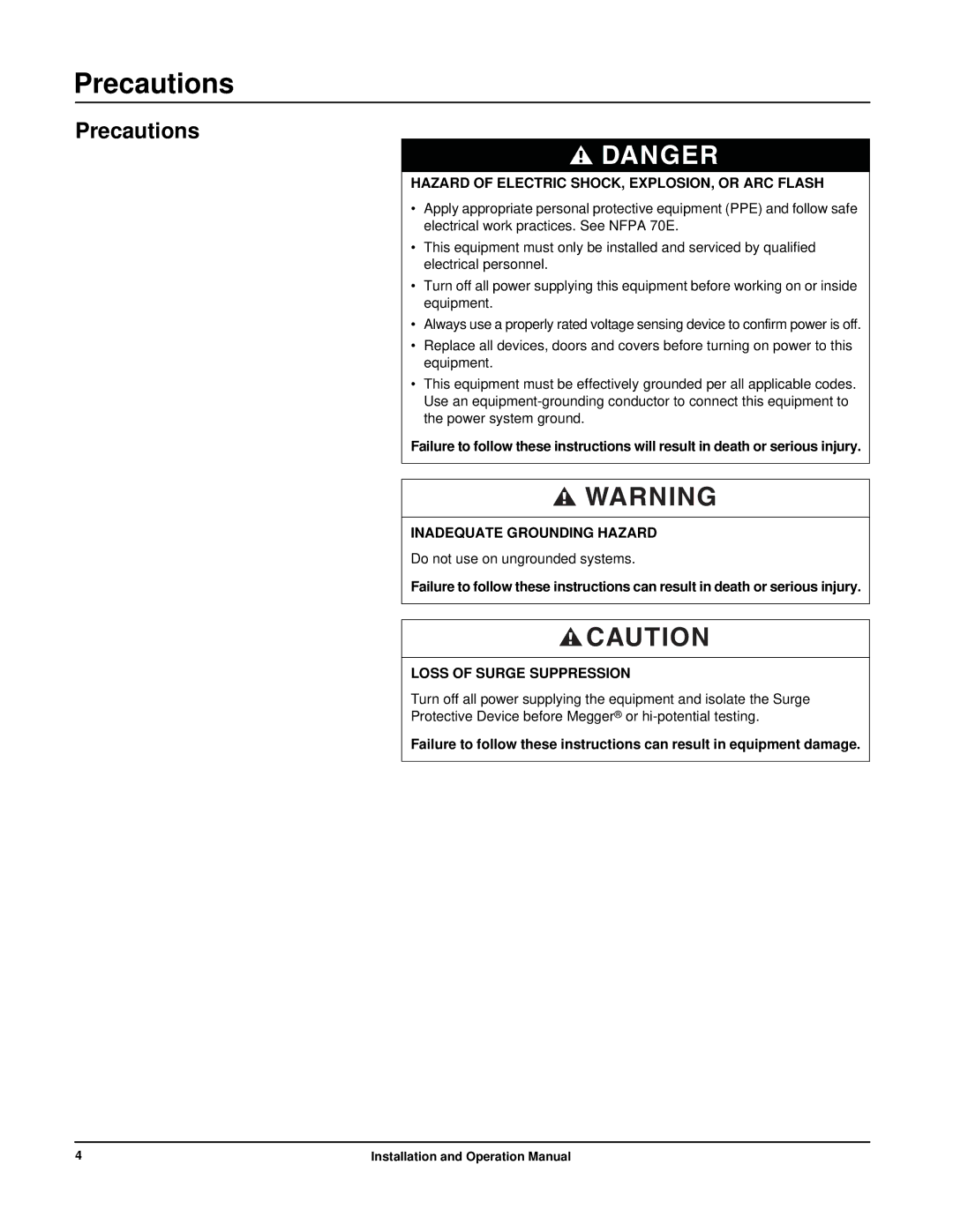 APC PMP1XR-B operation manual Precautions, Hazard of Electric SHOCK, EXPLOSION, or ARC Flash, Inadequate Grounding Hazard 