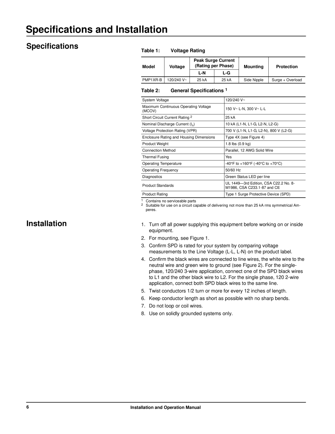 APC PMP1XR-B Specifications and Installation, Specifications Installation, Voltage Rating, General Specifications 