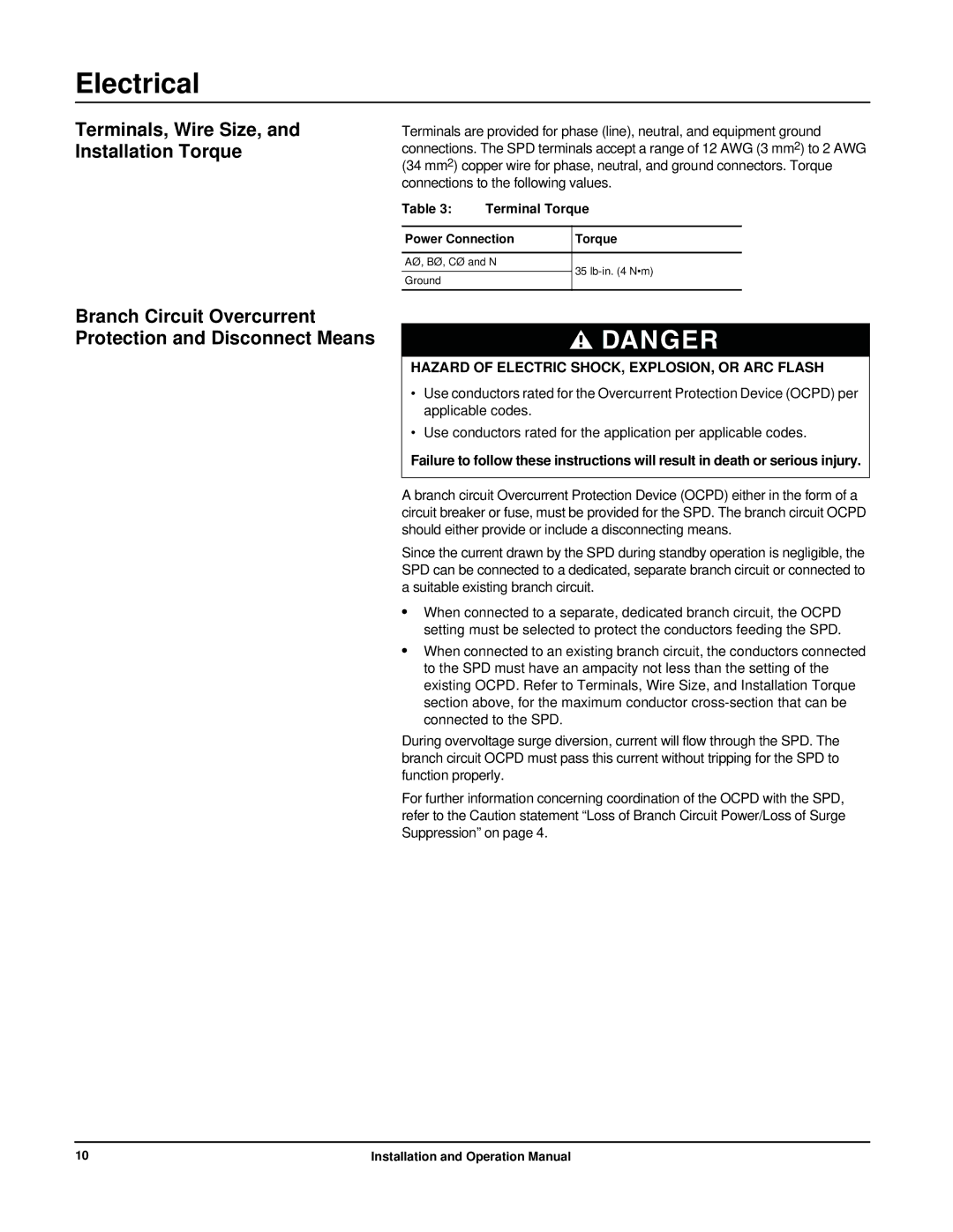 APC PMG3XS-B Terminals, Wire Size, and Installation Torque, Branch Circuit Overcurrent Protection and Disconnect Means 