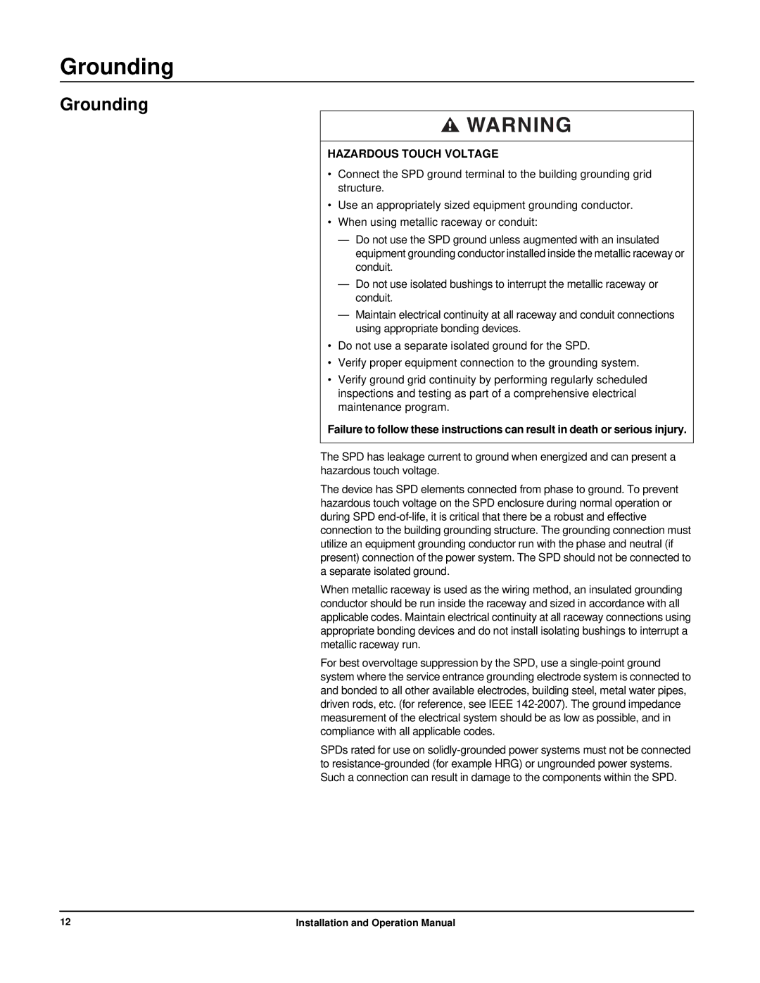 APC PMP3XS-B, PMJ3XS-B, PMH3XS-B, PML3XS-B, PMG3XS-B, PMF3XS-B operation manual Grounding, Hazardous Touch Voltage 