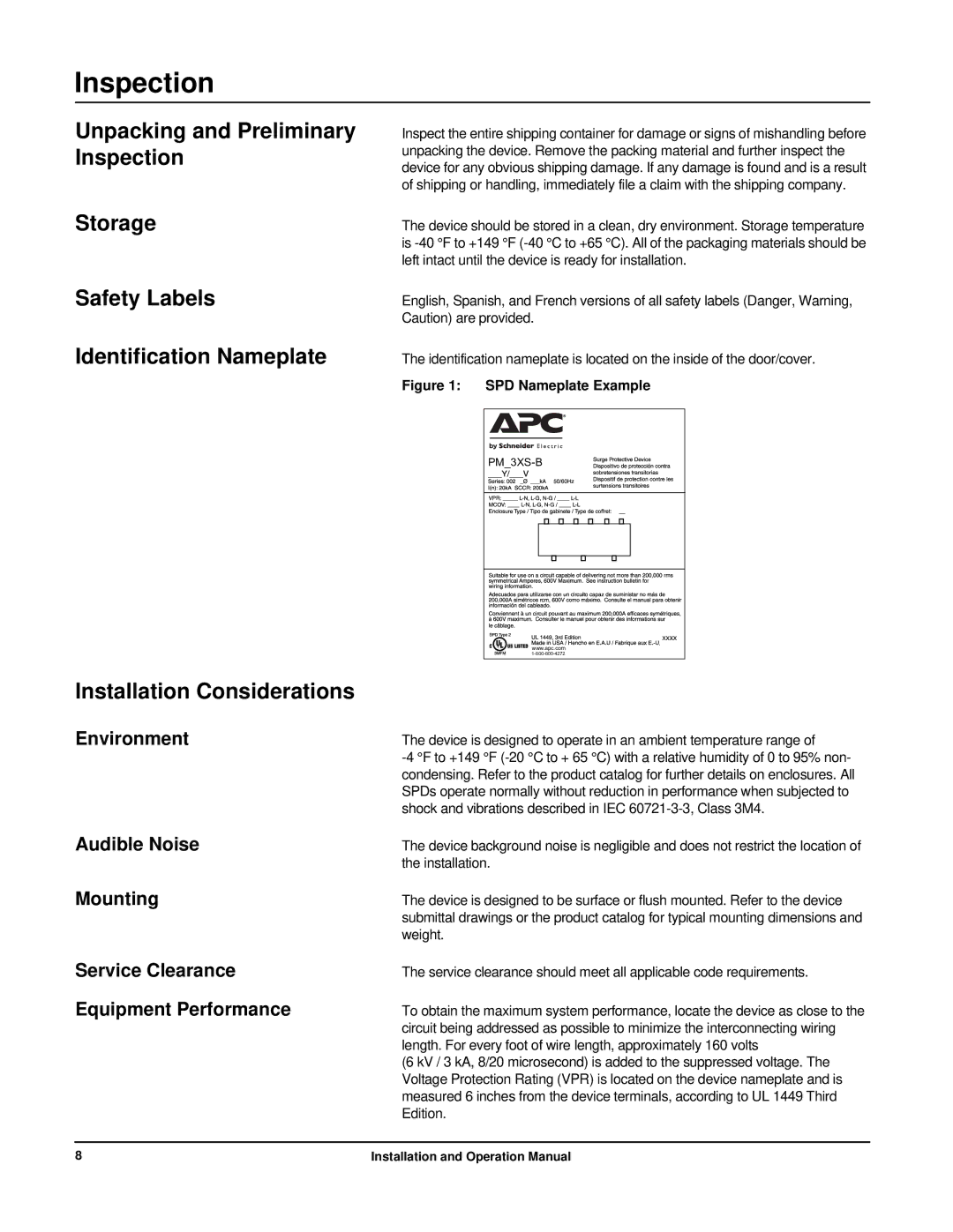 APC PMH3XS-B, PMP3XS-B, PMJ3XS-B, PML3XS-B, PMG3XS-B, PMF3XS-B operation manual Inspection, SPD Nameplate Example 