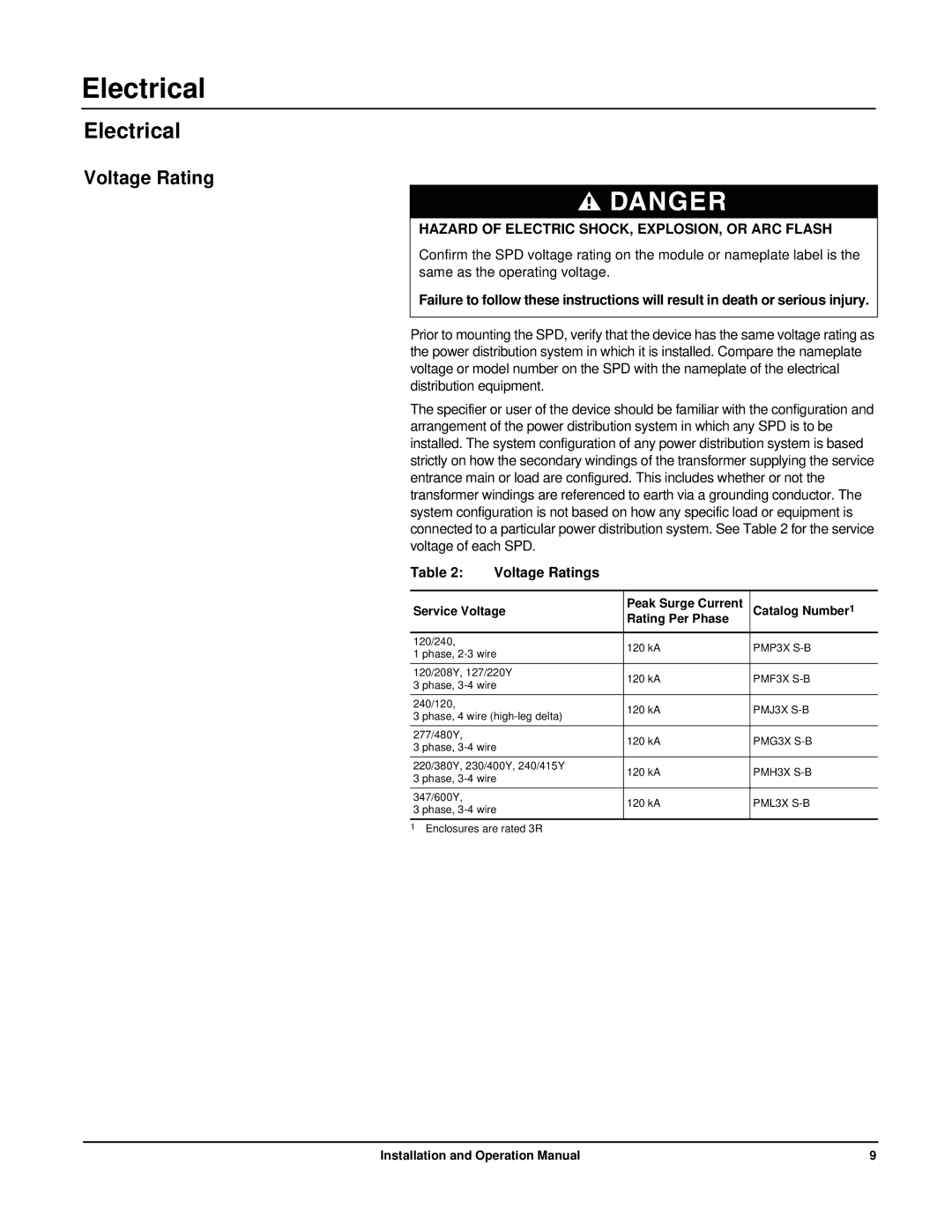 APC PML3XS-B, PMP3XS-B, PMJ3XS-B, PMH3XS-B, PMG3XS-B, PMF3XS-B operation manual Electrical, Voltage Ratings 