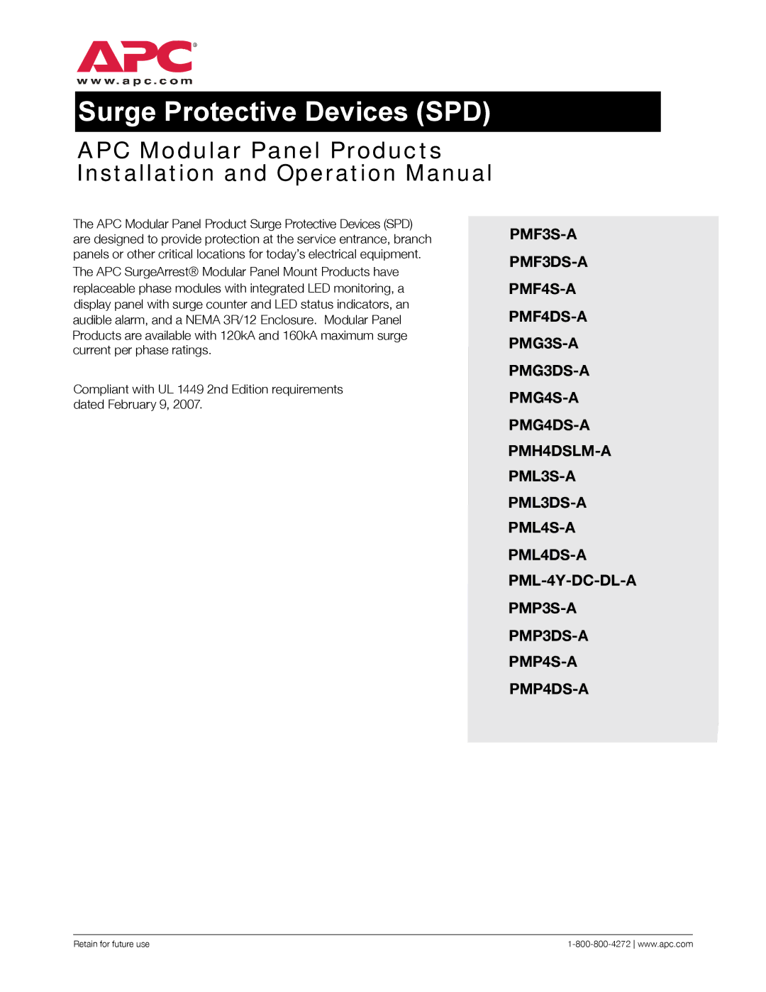 APC PMP3S-A, PMP4DS-A, PML3DS-A, PMF3S-A, PML4S-A, PMP4S-A, PMF4S-A, PMG4S-A operation manual Surge Protective Devices SPD 