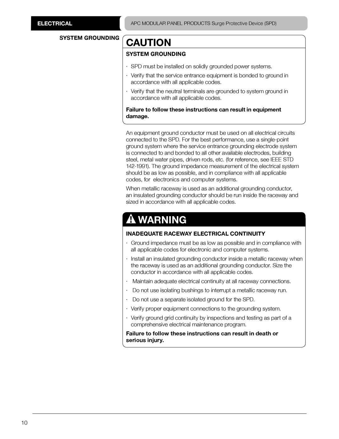 APC PMG4DS-A, PMP4DS-A, PMP3S-A, PML3DS-A, PMF3S-A, PML4S-A, PMP4S-A System Grounding, Inadequate Raceway Electrical Continuity 