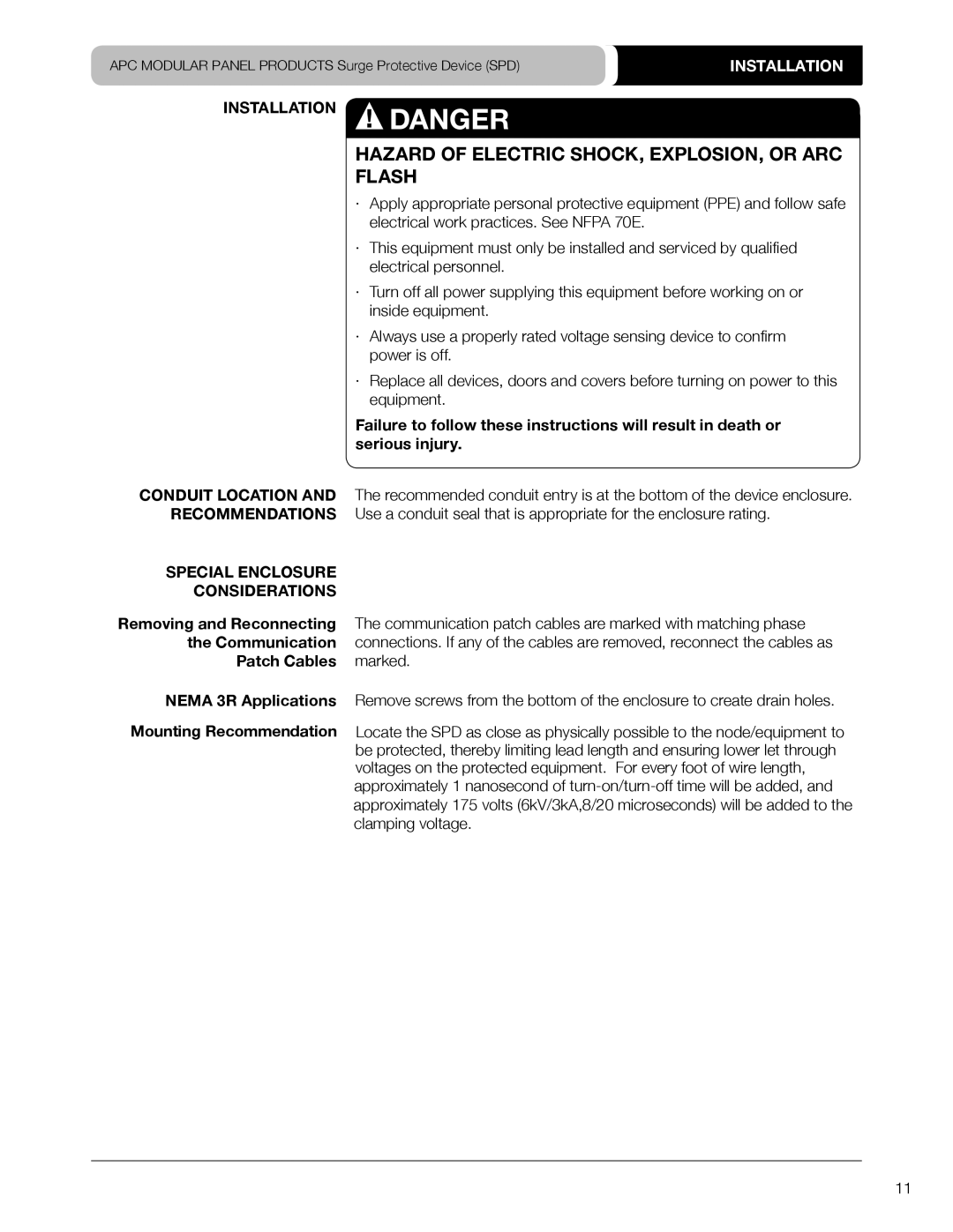 APC PML3S-A, PMP4DS-A, PMP3S-A, PML3DS-A Installation Danger, Special Enclosure Considerations, Patch Cables marked 