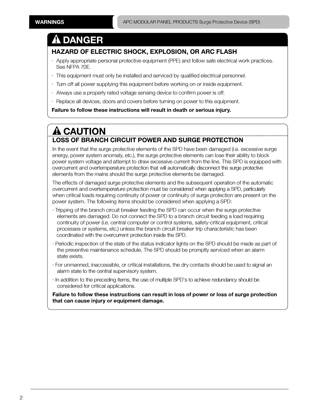 APC PML3DS-A, PMP3S-A Hazard of Electric SHOCK, EXPLOSION, or ARC Flash, Loss of Branch Circuit Power and Surge Protection 