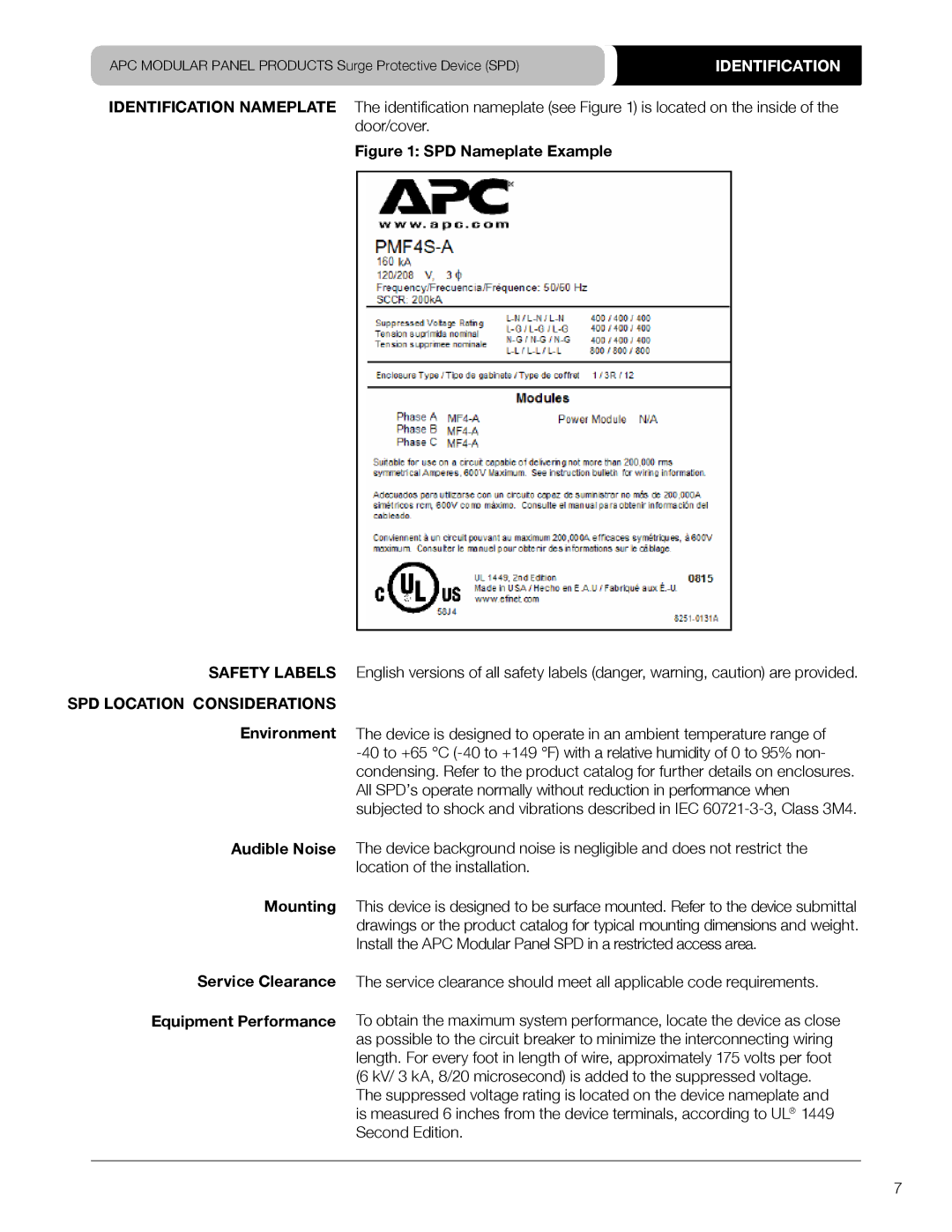 APC PMG4S-A, PMP4DS-A, PMP3S-A, PML3DS-A, PMF3S-A, PML4S-A, PMP4S-A Identification, Safety Labels, SPD Location Considerations 