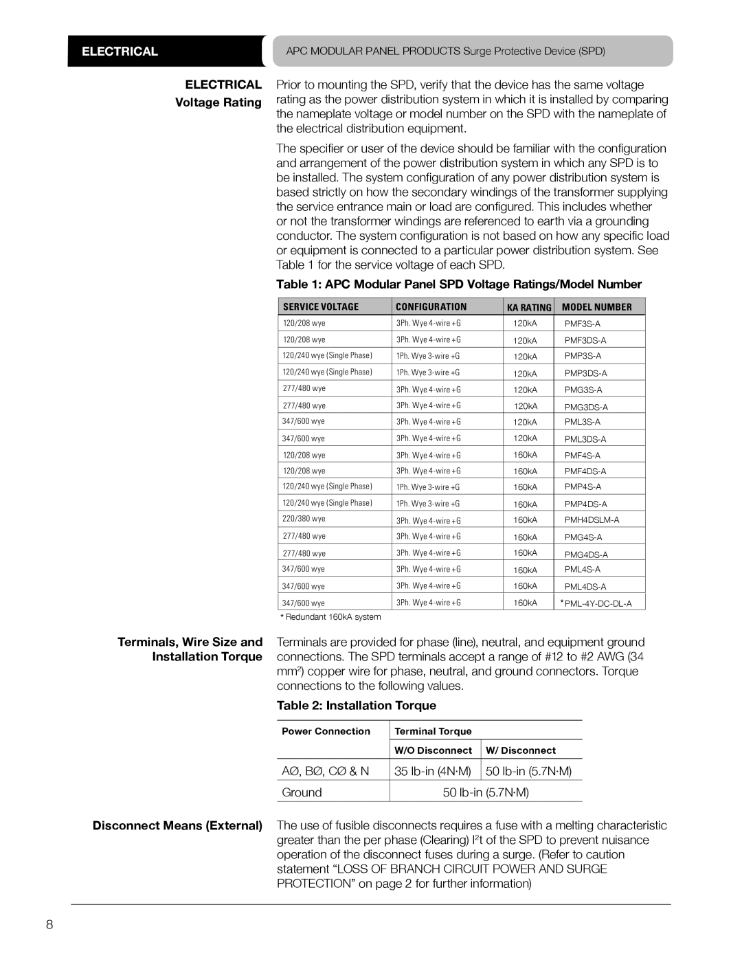 APC PMP3DS-A, PMP4DS-A, PMP3S-A Electrical, APC Modular Panel SPD Voltage Ratings/Model Number, Installation Torque 