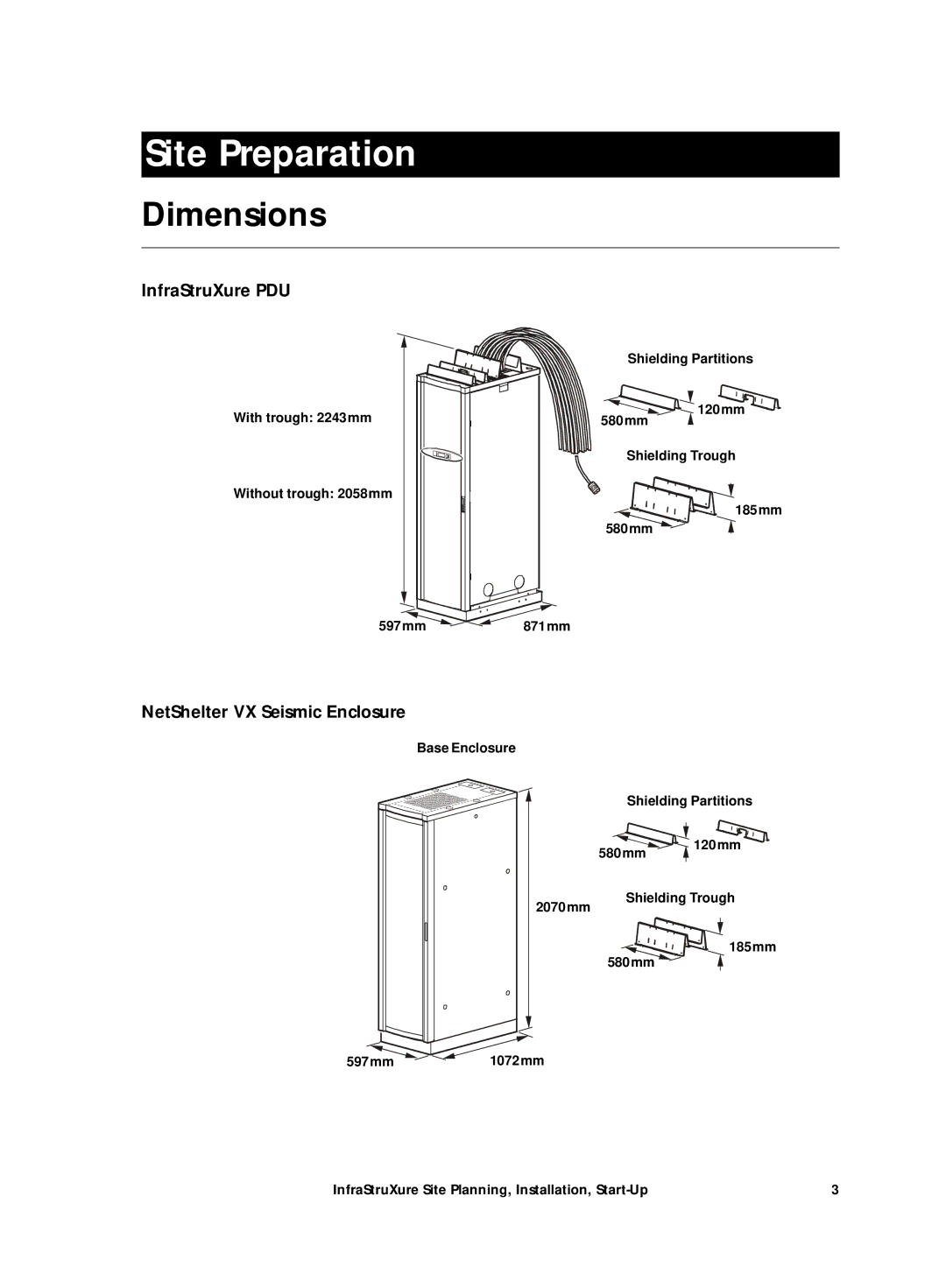 APC Power Supply manual Site Preparation, Dimensions, InfraStruXure PDU, NetShelter VX Seismic Enclosure 