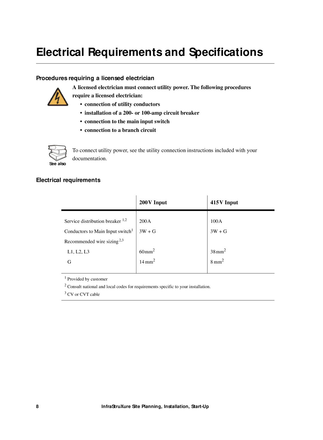 APC Power Supply manual Electrical Requirements and Specifications, Procedures requiring a licensed electrician 