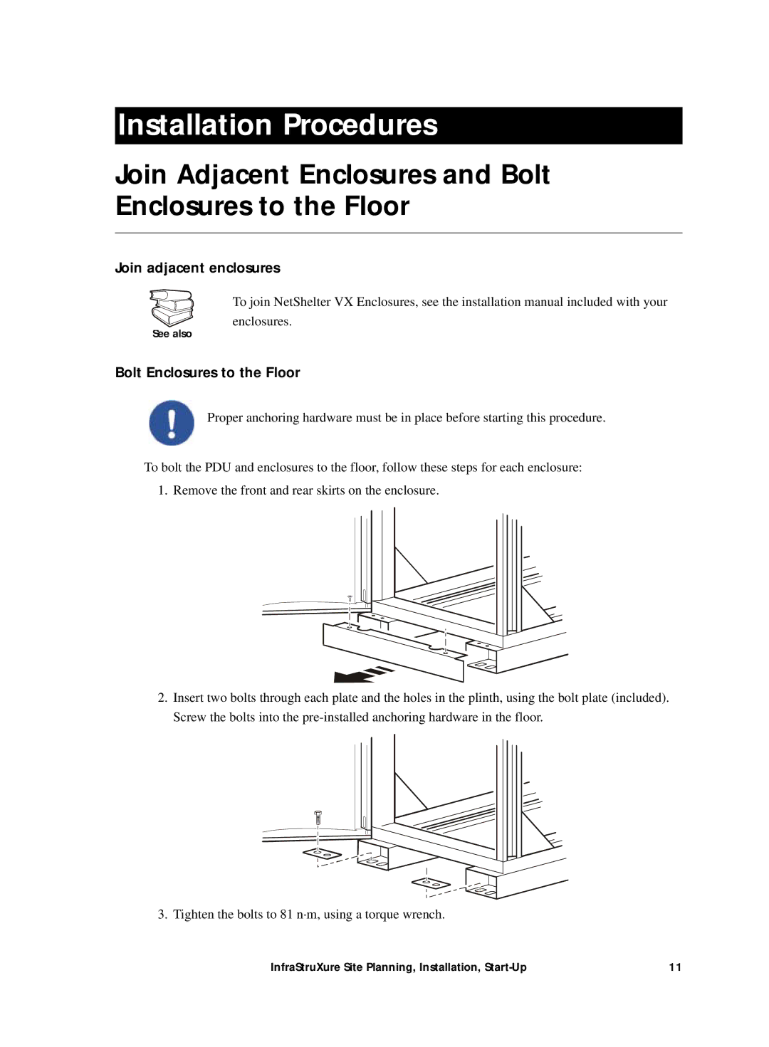 APC Power Supply manual Installation Procedures, Join Adjacent Enclosures and Bolt Enclosures to the Floor 