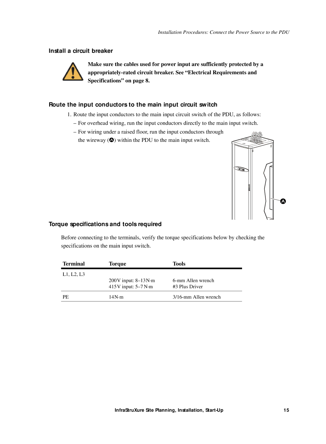 APC Power Supply manual Install a circuit breaker, Route the input conductors to the main input circuit switch 