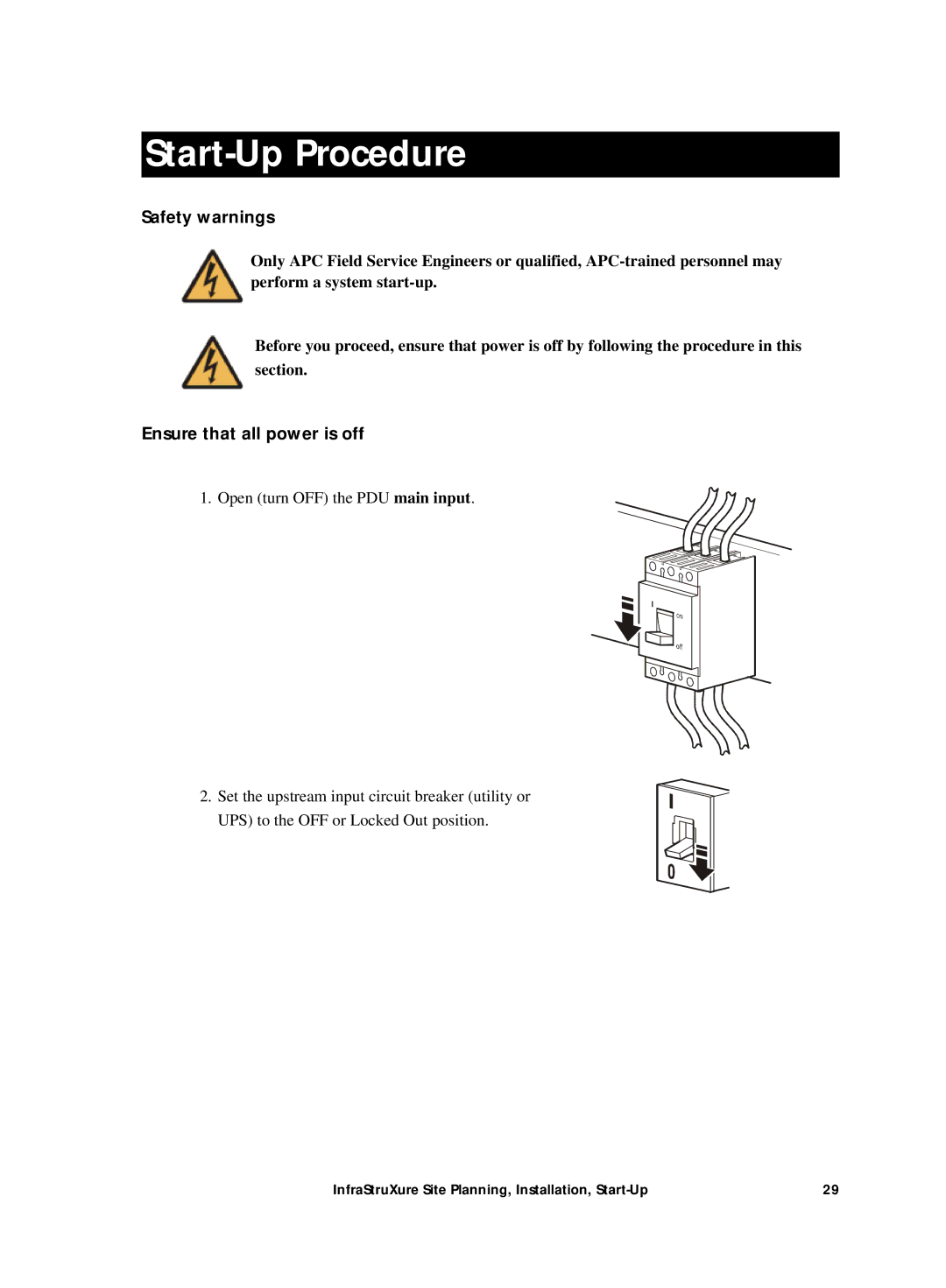 APC Power Supply manual Start-Up Procedure, Safety warnings, Ensure that all power is off 