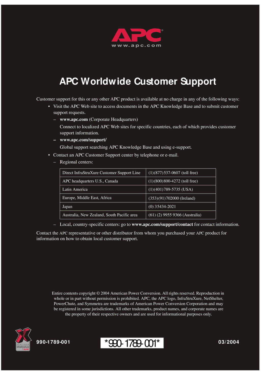 APC Power Supply manual APC Worldwide Customer Support 