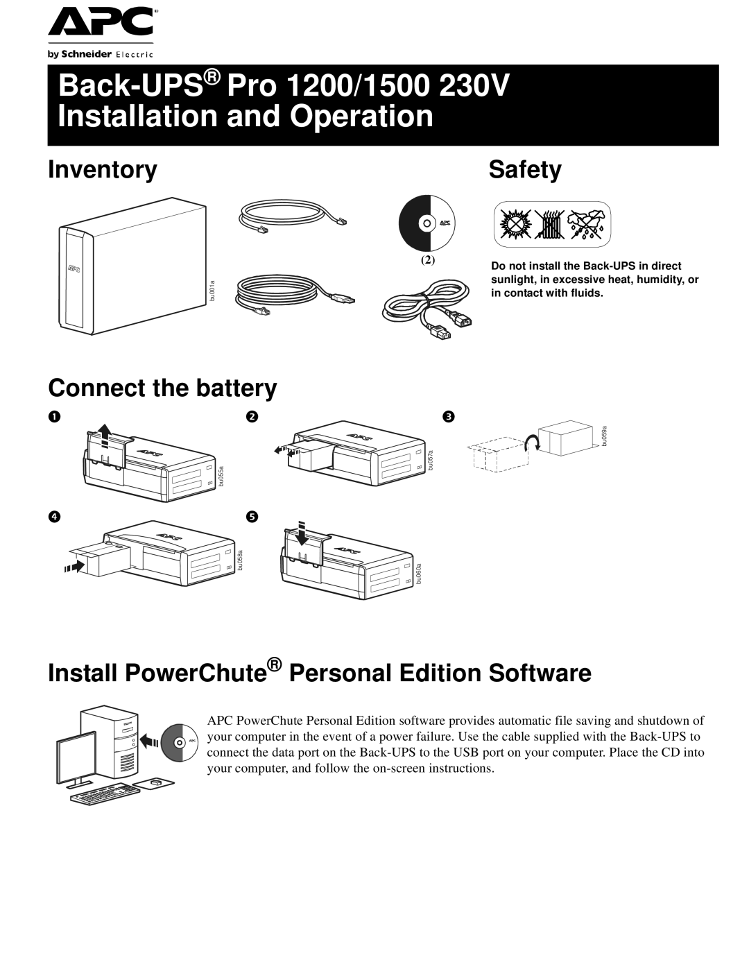 APC PRO 1200/1500 manual Inventory, Connect the battery, Install PowerChute Personal Edition Software 