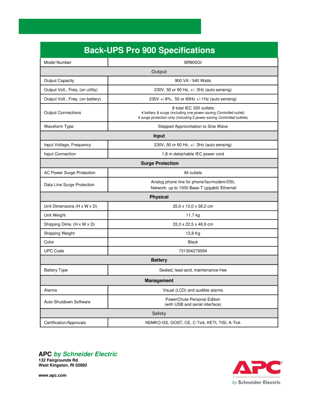 APC PRO 900 warranty Input, Surge Protection, Physical, Battery, Management 