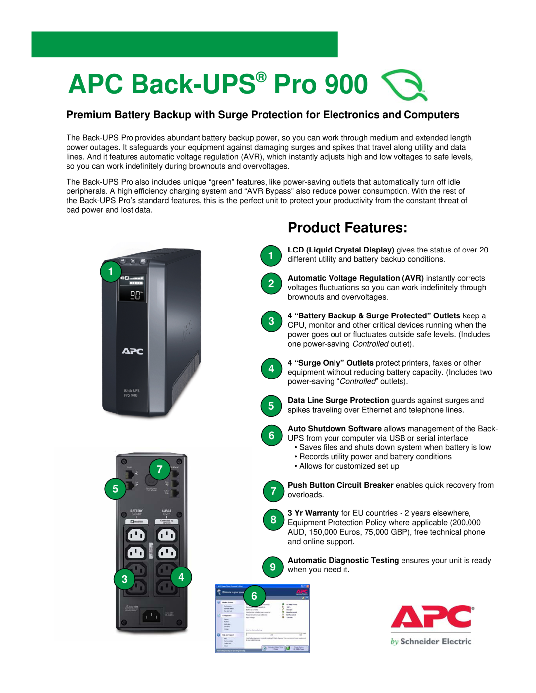 APC PRO 900 warranty LCD Liquid Crystal Display gives the status of over, APC Back-UPS Pro, Product Features 