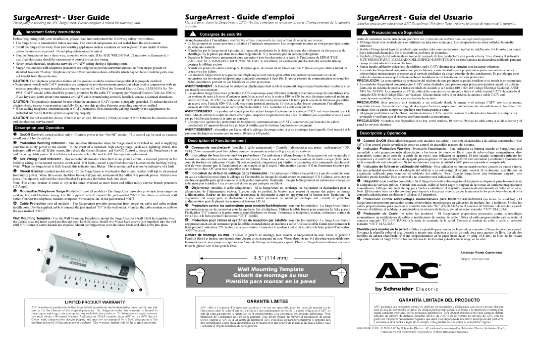 APC PRO7 important safety instructions SurgeArrest User Guide, SurgeArrest Guide d’emploi, SurgeArrest Guía del Usuario 