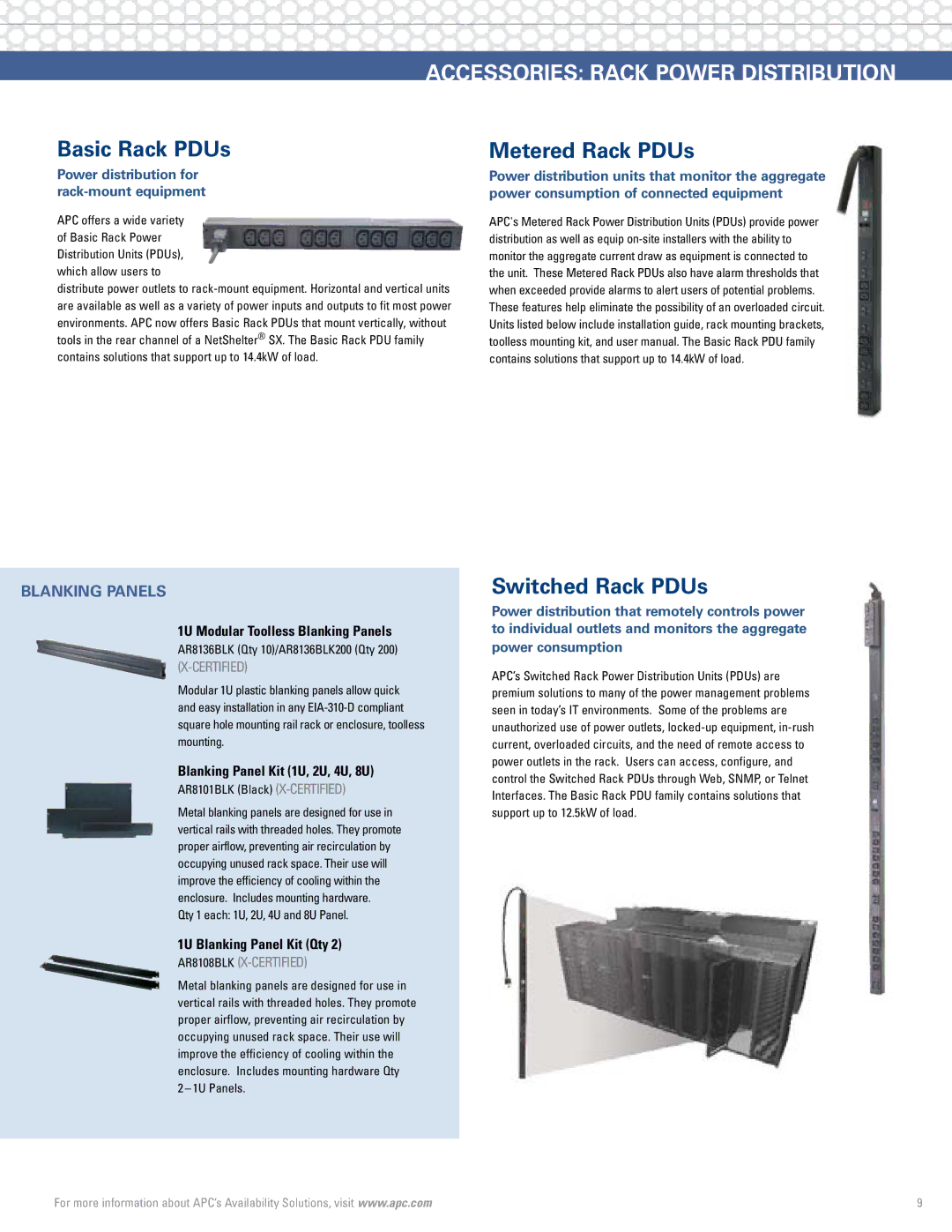 APC Rack Systems manual Basic Rack PDUs, Accessories Rack Power Distribution, Metered Rack PDUs, Switched Rack PDUs 