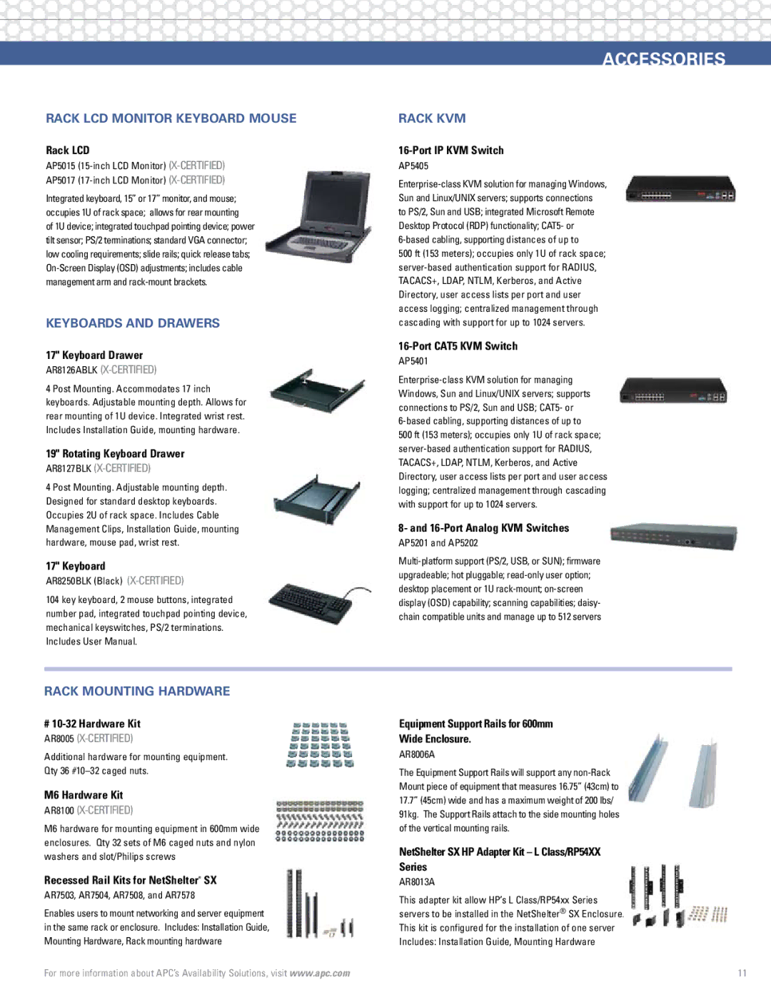 APC Rack Systems Accessories, Rack LCD Monitor keyboard mouse, Keyboards and drawers, Rack kvm, Rack mounting Hardware 