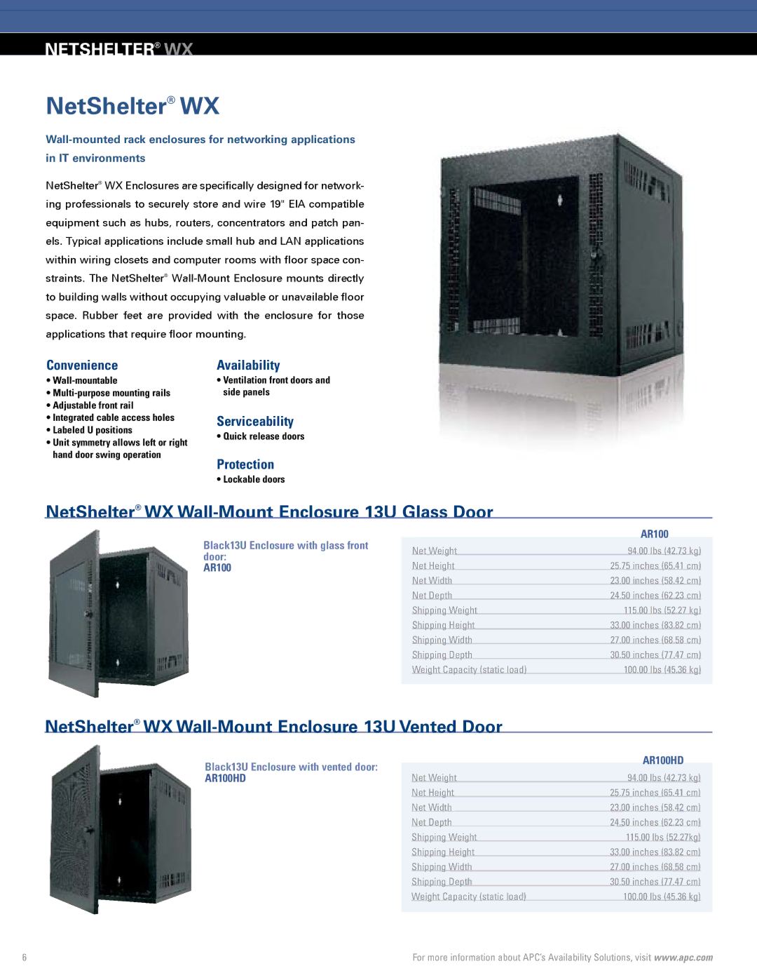 APC Rack Systems manual Netshelter WX, NetShelter WX Wall-Mount Enclosure 13U Glass Door, Availability 