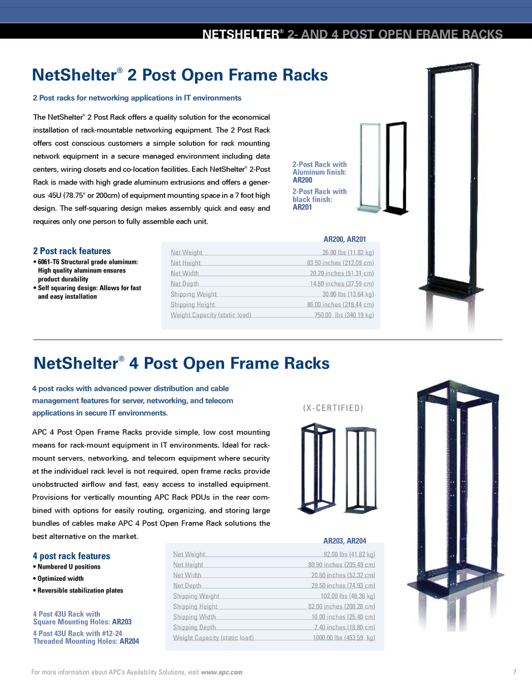 APC Rack Systems manual Post rack features, AR200, AR201, AR203, AR204, Post 43U Rack with Square Mounting Holes AR203 