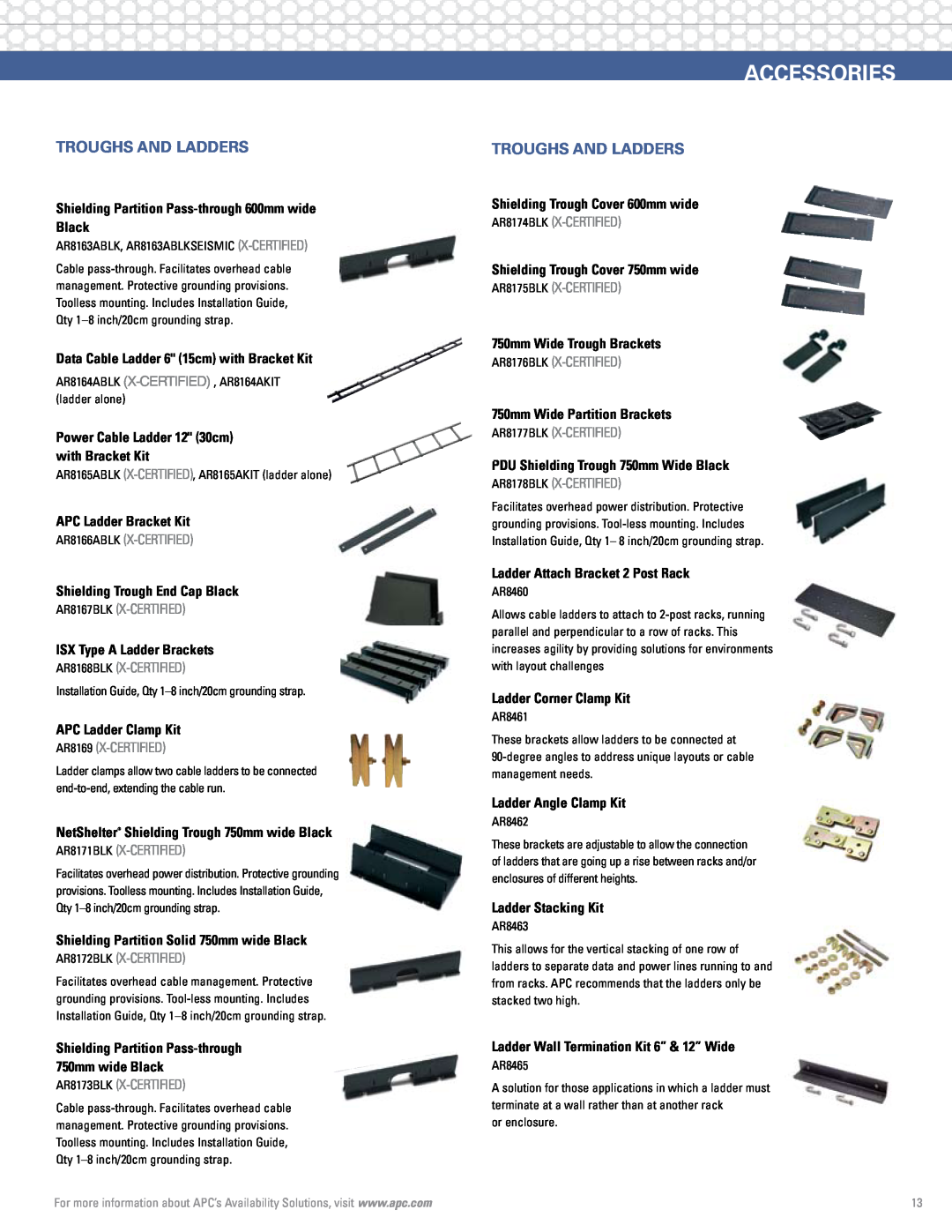 APC Rack Systems manual Accessories, troughs and ladders, Shielding Partition Pass-through600mm wide Black 