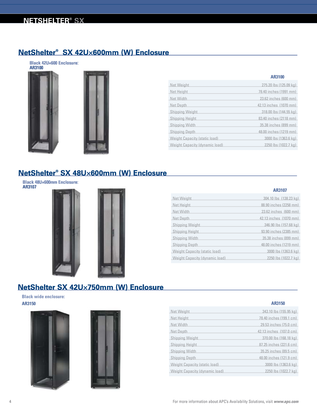 APC Rack Systems NetShelter SX 42U×600mm W Enclosure, NetShelter SX 48U×600mm W Enclosure, Black 42U×600 Enclosure, AR3100 