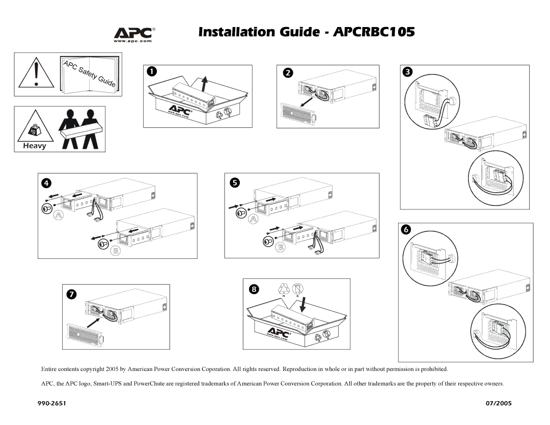 APC 2005, 990-2651 07 manual Installation Guide APCRBC105, Heavy 