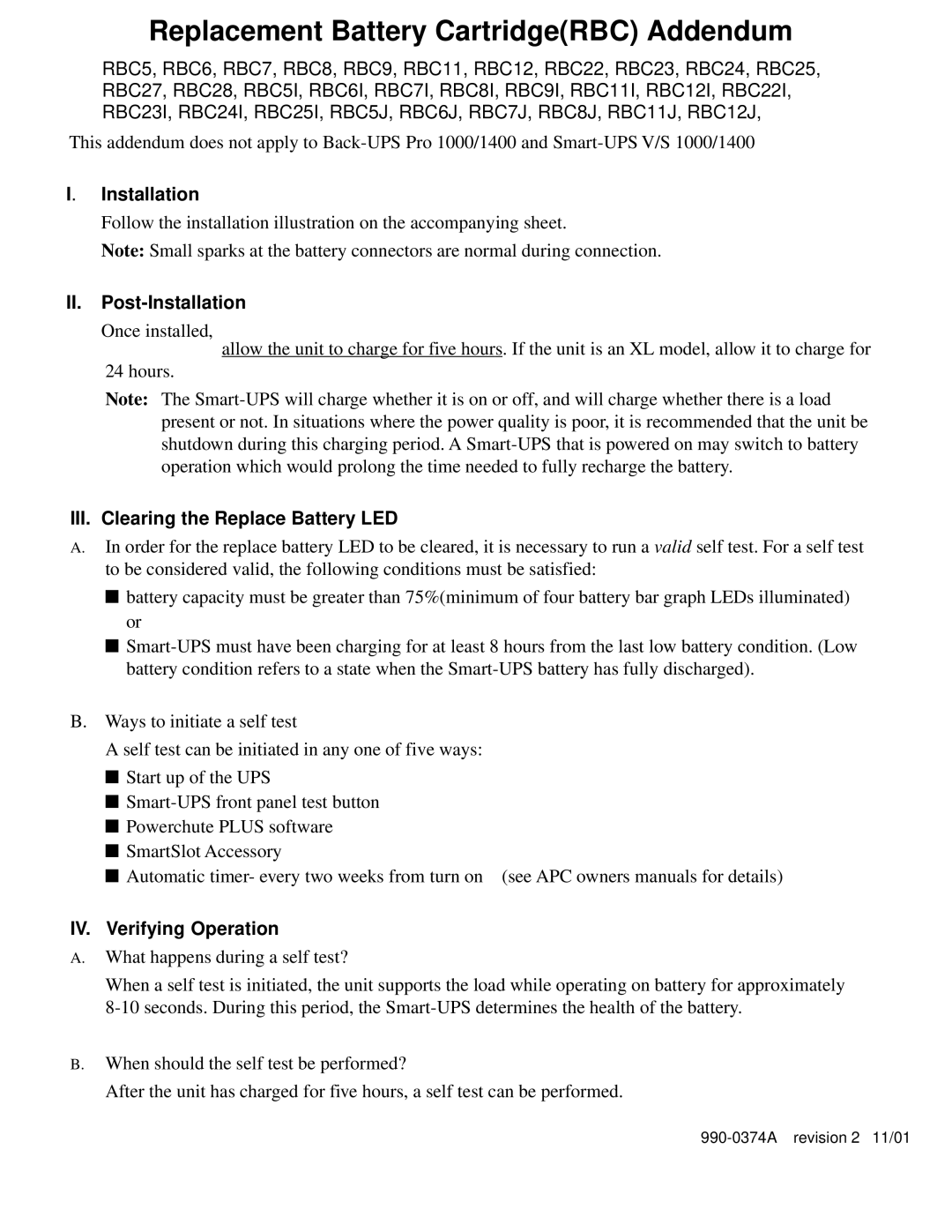 APC RBC20J owner manual Replacement Battery CartridgeRBC Addendum, II. Post-Installation, IV. Verifying Operation 