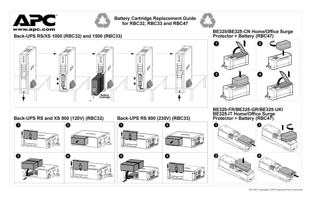 APC RS 800, RS 1000, 1500, XS 800, XS 1000, RBC47, RBC33, RBC32 manual BE325-FR/BE325-GR/BE325-UK 