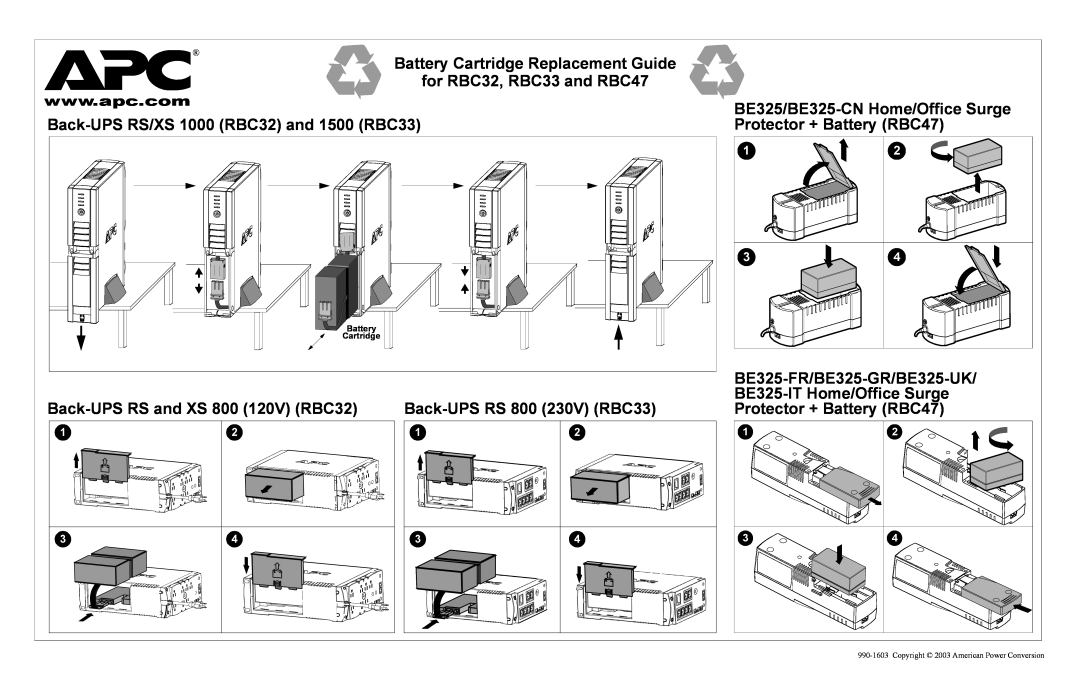 APC RS 800, RS 1000, 1500, XS 800, BE325-UK, BE325-GR manual Battery, Cartridge, Copyright 2003 American Power Conversion 