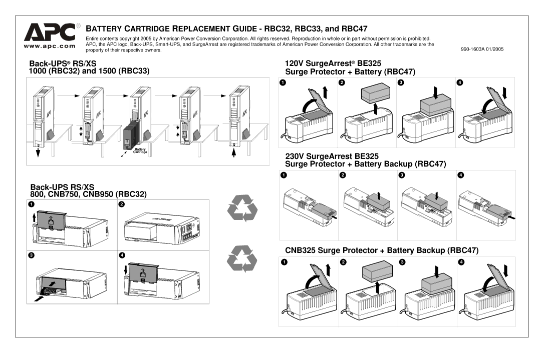 APC RS 800, RS 1000, XS 800, CNB325, BE325, XS 1500, XS 1000 manual Battery Cartridge Replacement Guide RBC32, RBC33, and RBC47 