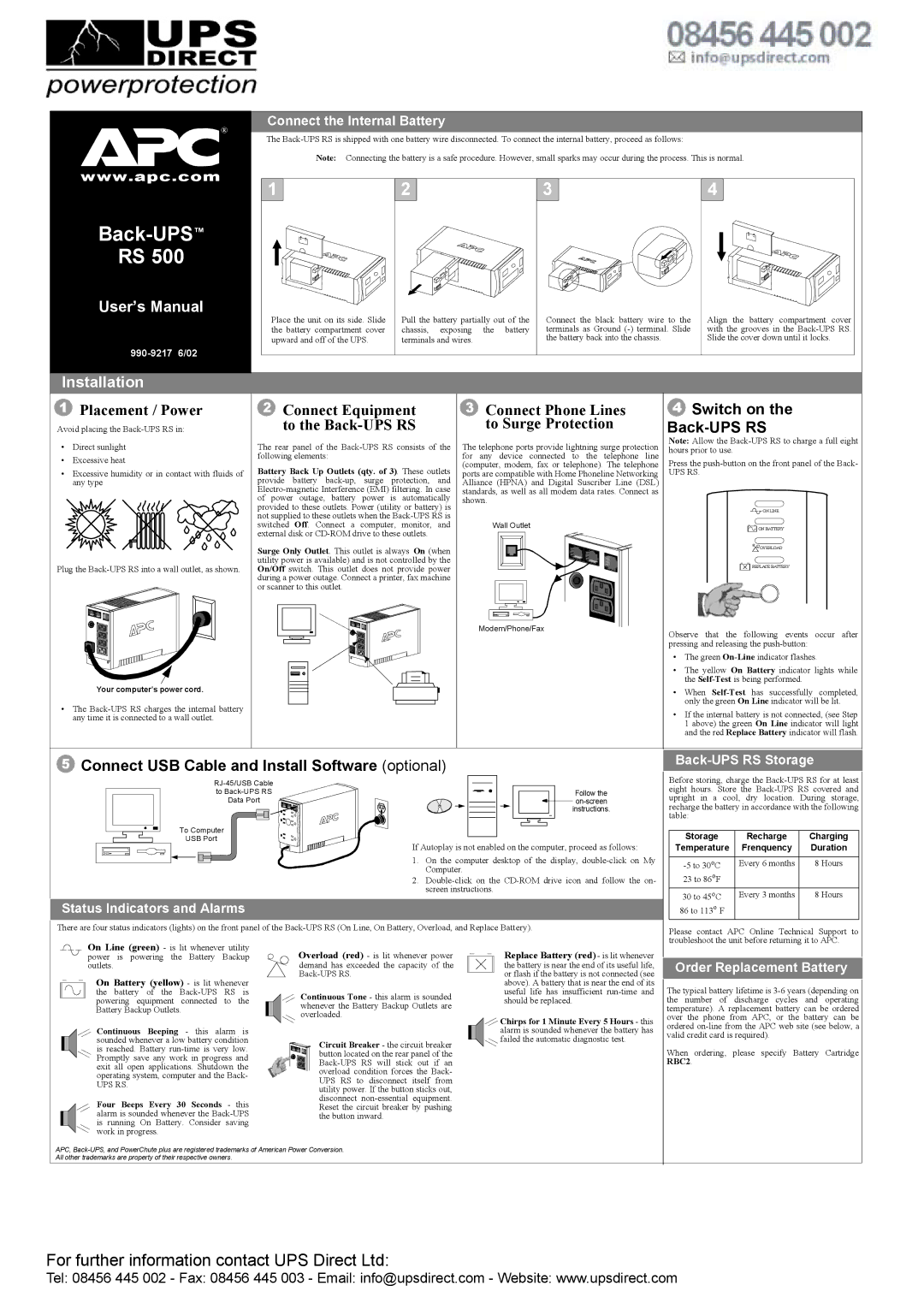 APC RS 500 user manual Placement / Power, Connect Equipment to the Back-UPS RS, Connect Phone Lines to Surge Protection 