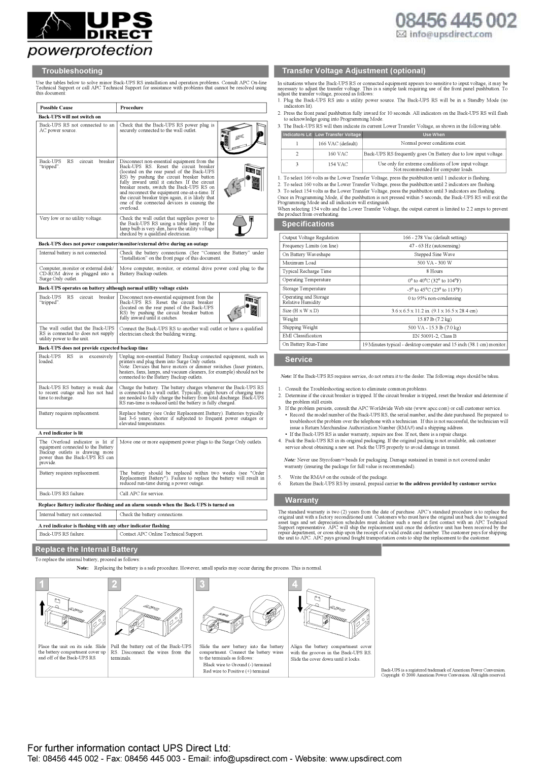 APC RS 500 user manual Troubleshooting, Transfer Voltage Adjustment optional, Specifications, Service, Warranty 