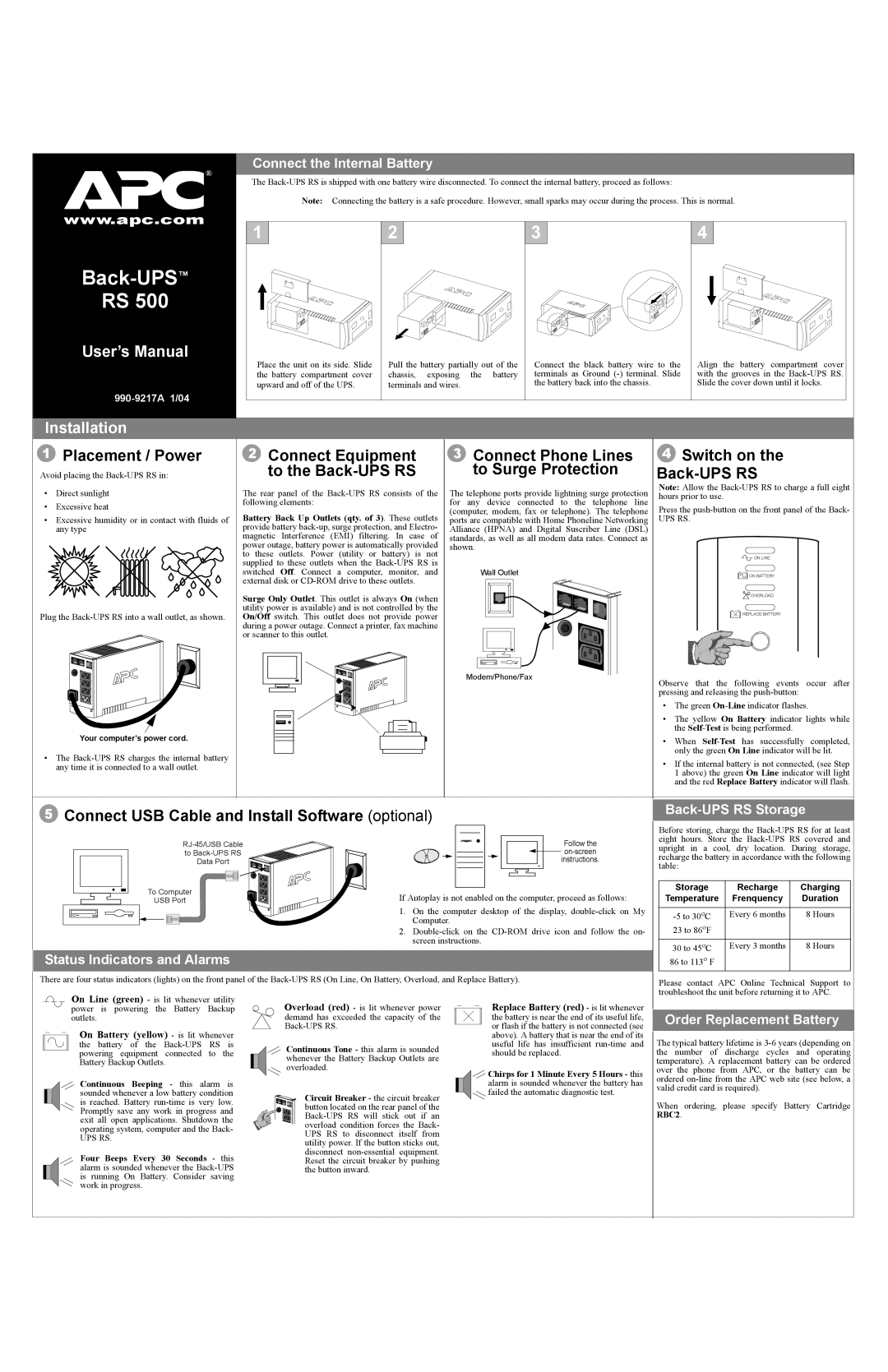 APC RS 500 user manual Connect the Internal Battery, Back-UPS RS Storage, Status Indicators and Alarms 