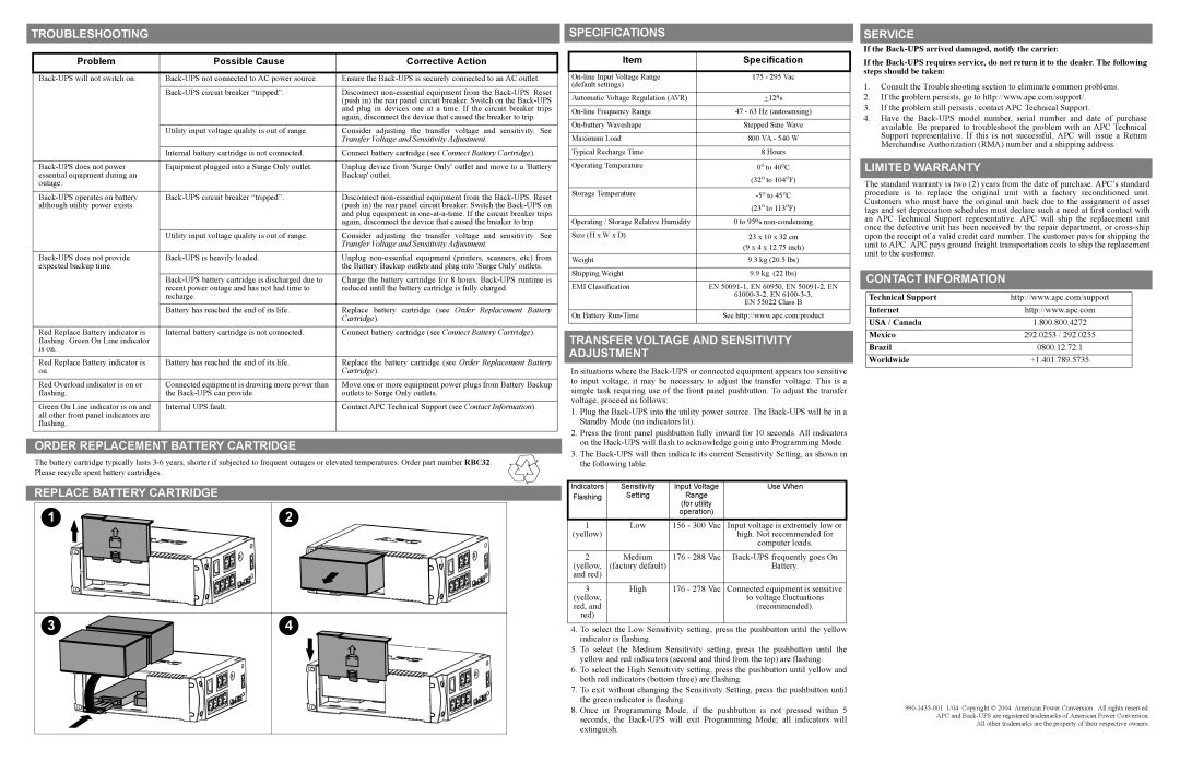 APC RS 800 Troubleshooting, Service, Order Replacement Battery Cartridge, Transfer Voltage and Sensitivity Adjustment 