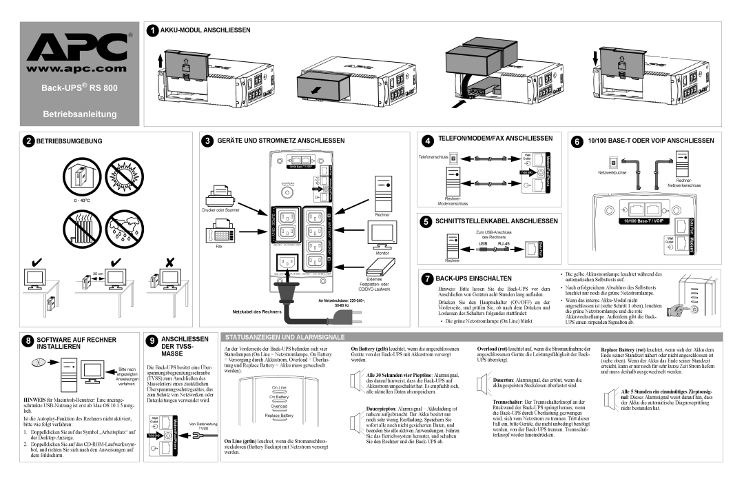 APC RS 800 manual 10/100 BASE-T Oder Voip Anschliessen, Statusanzeigen UND Alarmsignale 