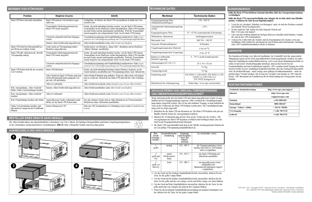 APC RS 800 manual Beheben VON Störungen, Bestellen Eines ERSATZ-AKKU-MODULS, Auswechseln DES AKKU-MODULS Technische Daten 