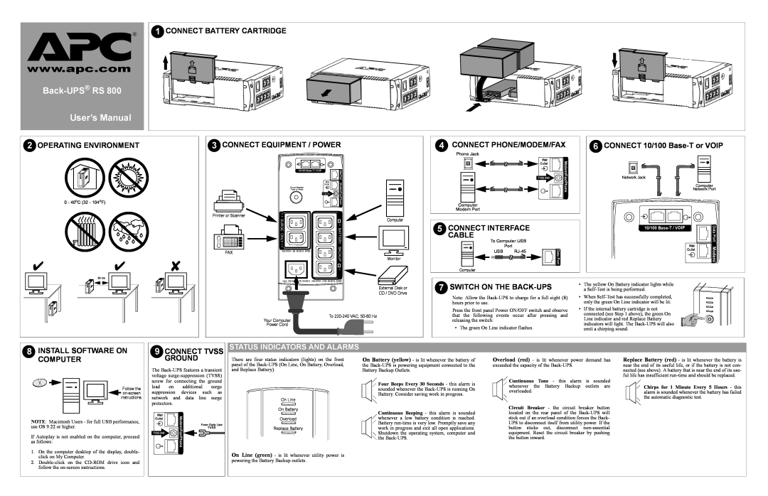 APC RS 800 manual 10/100 BASE-T ODER VOIP ANSCHLIESSEN, Statusanzeigen Und Alarmsignale, Back-UPS RS Betriebsanleitung 
