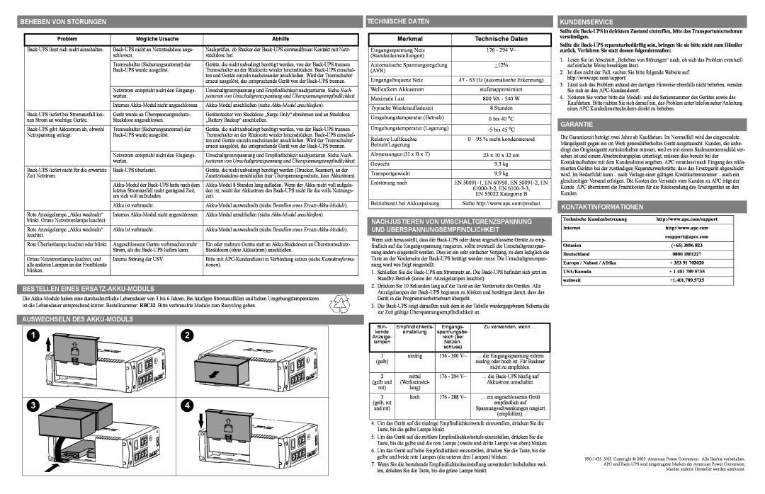 APC RS 800 manual Beheben Von Störungen, Bestellen Eines Ersatz-Akku-Moduls, Auswechseln Des Akku-Moduls, Technische Daten 