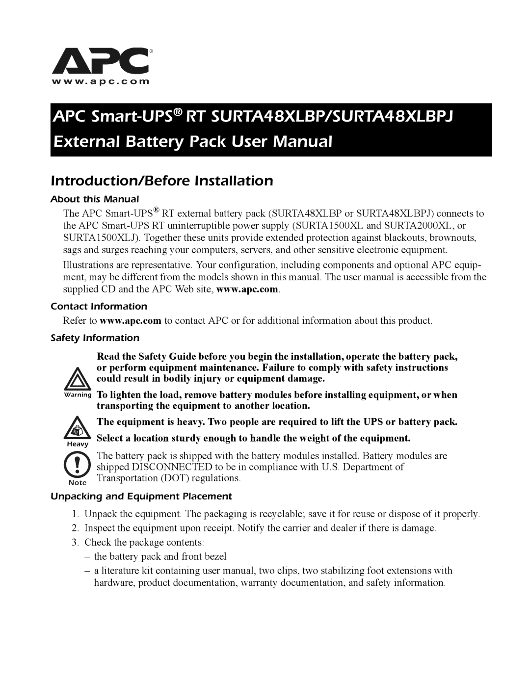 APC URTA48XLBPJ user manual Introduction/Before Installation, About this Manual, Contact Information Safety Information 