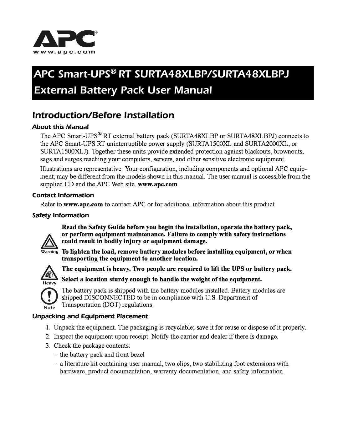 APC user manual Introduction/Before Installation, APC Smart-UPS RT SURTA48XLBP/SURTA48XLBPJ 