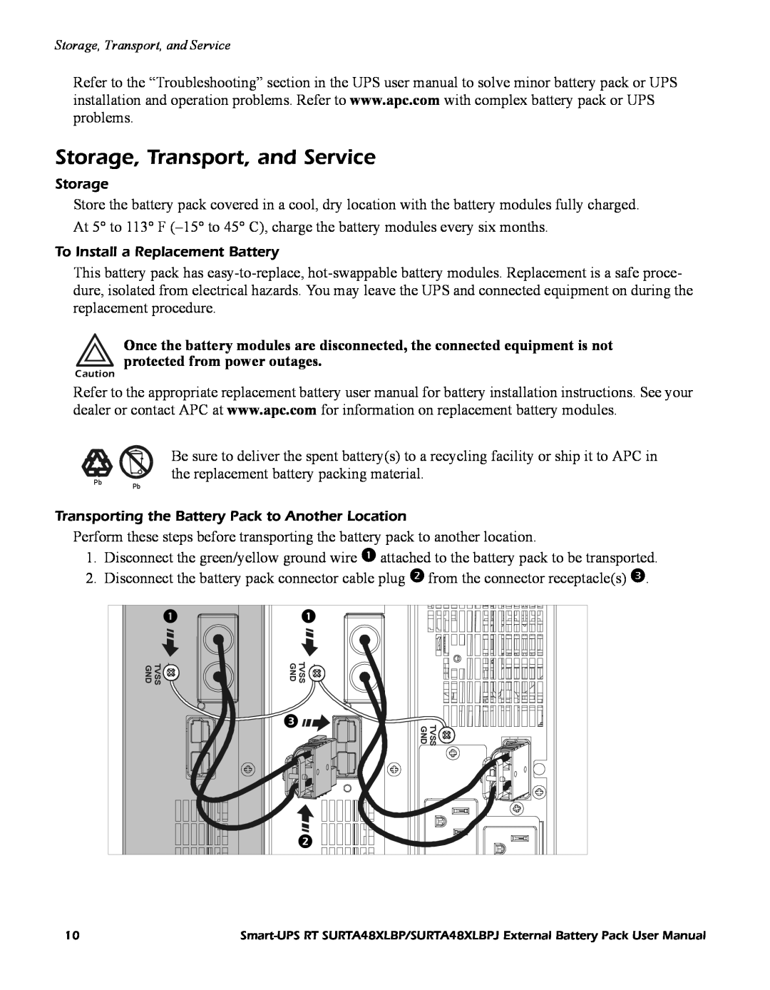 APC RT SURTA48XLBP, URTA48XLBPJ user manual Storage, Transport, and Service 