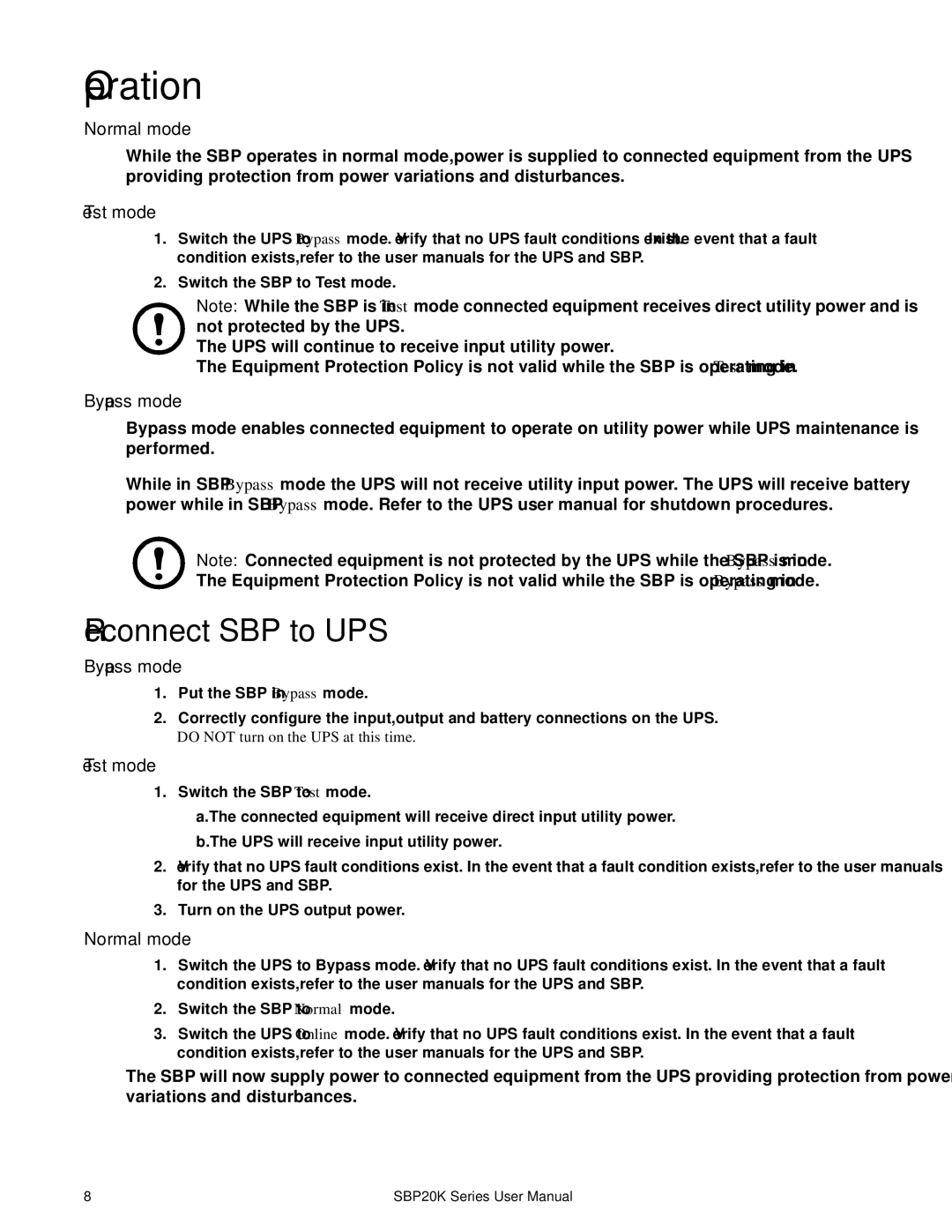 APC SBP20KP, SBP20KRMI4U, suo0707a, SBP20KRMT4U manual Operation, Reconnect SBP to UPS, Normal mode, Test mode, Bypass mode 