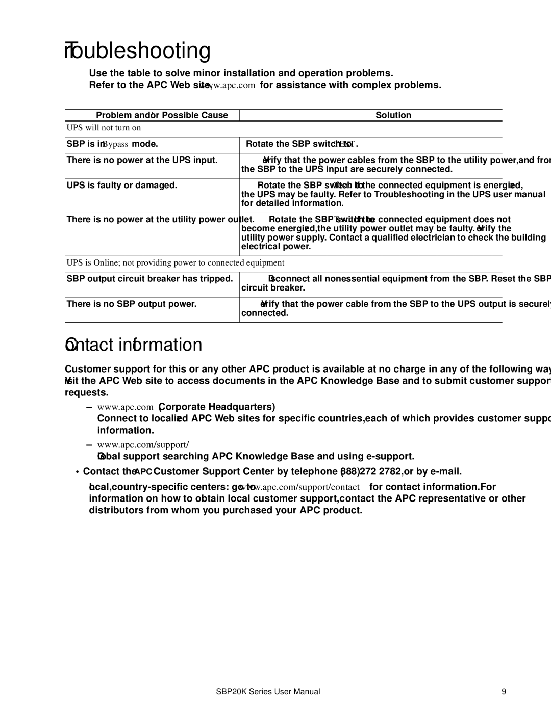 APC SBP20KRMT4U, SBP20KRMI4U, suo0707a, SBP20KP manual Troubleshooting, Contact information 