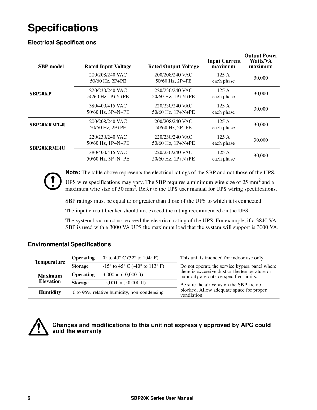 APC SBP20KRMI4U, suo0707a, SBP20KP, SBP20KRMT4U manual Electrical Specifications, Environmental Specifications 