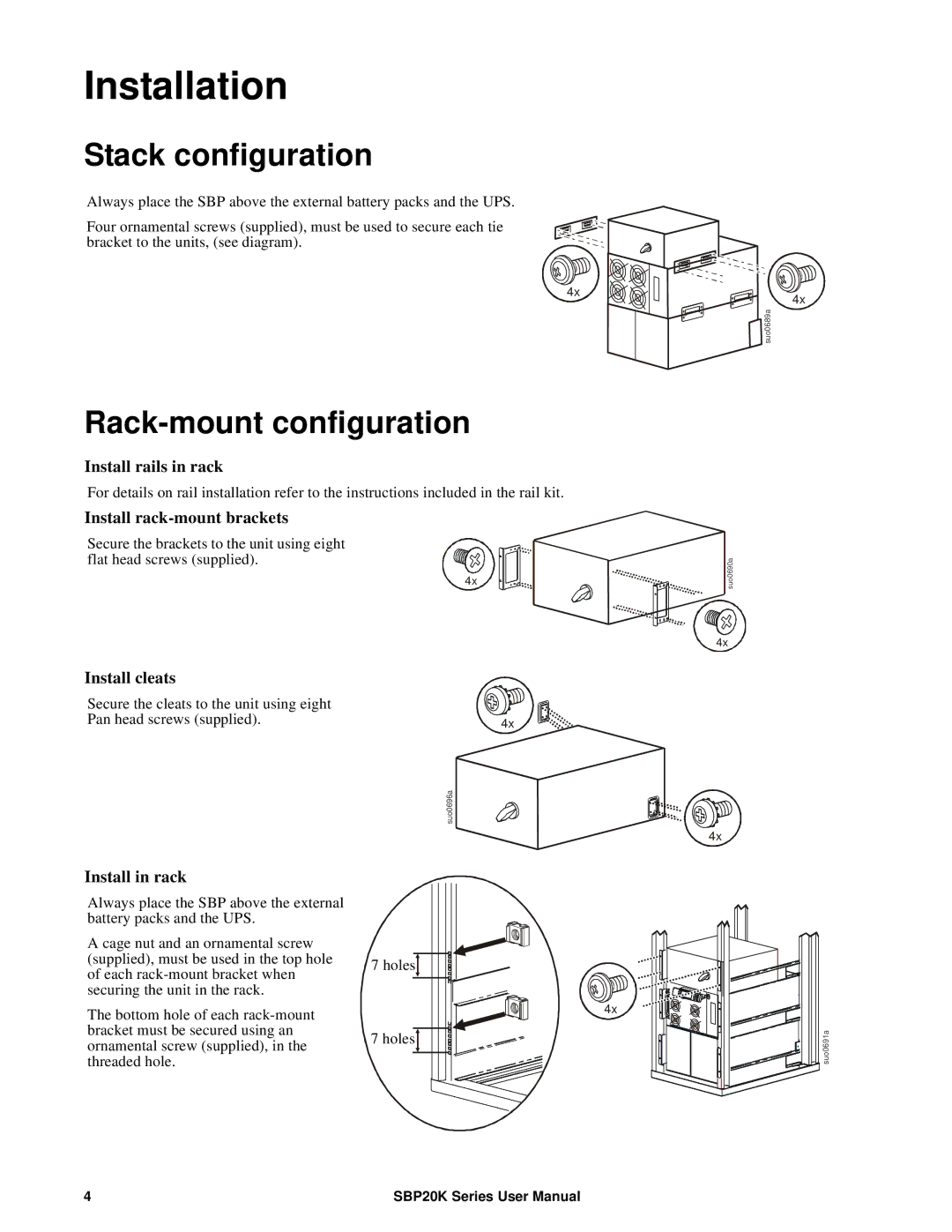 APC SBP20KP, SBP20KRMI4U, suo0707a, SBP20KRMT4U manual Installation, Stack configuration, Rack-mount configuration 